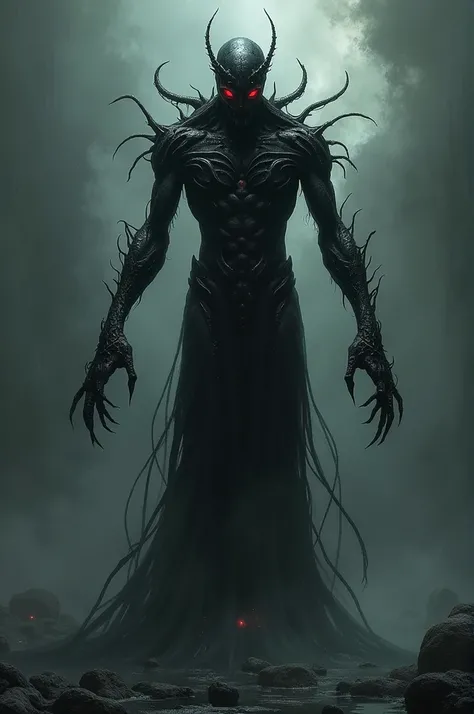 Nyxar in its humanoid form ,  emerging from a liquid and dark shadow .  Her figure is tall and slender ,  with elongated limbs and sharp fingers like claws .  His “skin” is completely black and shiny ,  reflecting light in a disturbing way .  Nyxars eyes a...