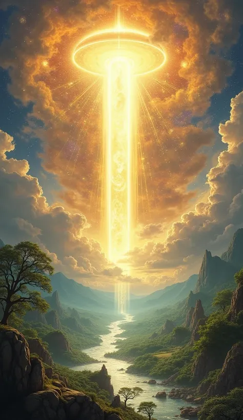 "Create a vivid and awe-inspiring image illustrating a passage from the Book of Revelation, And I saw a new heaven and a new earth, for the first heaven and the first earth had passed away. The scene depicts a breathtaking transformation as the old, broken...