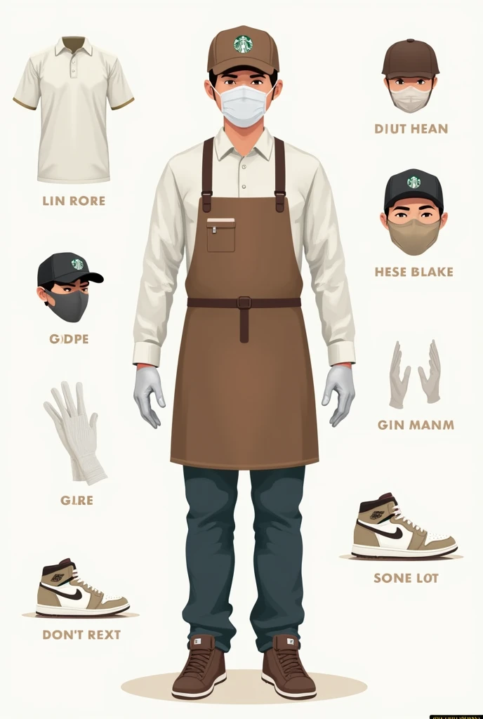 make me a graphic chart that indicates the proper PPE of a service crew. the PPE has a white or blue longsleeve polo, color brown apron, brown cap with starbucks logo, white facemask, white gloves, and white jordan 1 shoes. dont include a person, only the ...