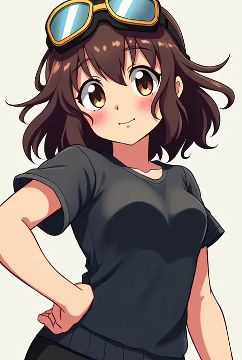 Generate an image in the style of the anime My Hero Academia of a girl with a sturdy body with a round face and pink cheeks., loose shoulder hair in layers and dark brown color .   With brown eyes in black clothes and motorcycle googles as an ornament on h...