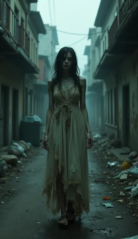 Horror, beautiful female, zombie female, gothic dress,torn dress, dirty street, high detailed, high quality 