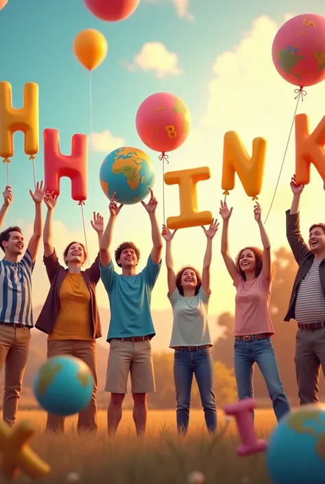 Group of people with balloons in their hands with the letters H , b, l, in ,D, I, k,  each person must have a globe with a letter in their hand, The balloons are shaped like letters, happy.