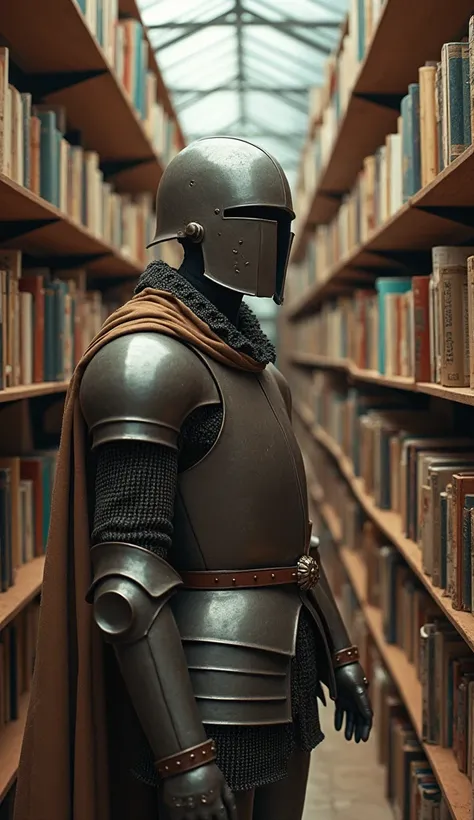 A very tradicional Don Quijote de la Mancha, thin, with his caracteristical metal hat, looking the books at a contemporary bookstore.