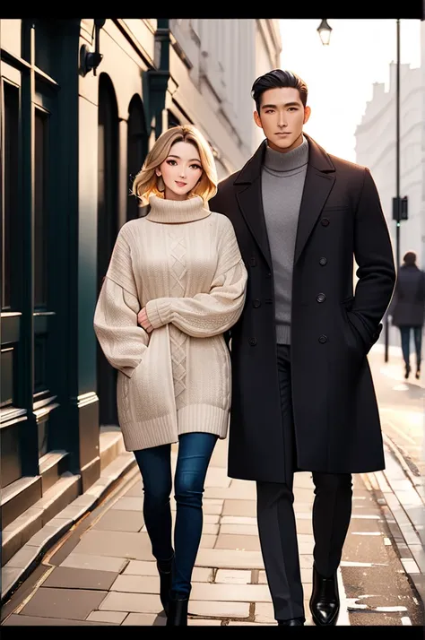 A full-body shot of an international couple walking arm in arm on the streets of London, looking directly at the camera, exuding joyful winter vibes. The couple features an Asian man in his thirties with a strong square face, brown skin with a golden under...