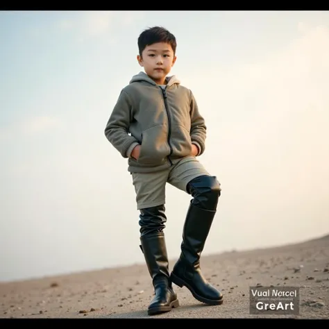  boy，Cool，穿黑色及膝長靴，Wear black knee-high boots in the Gobi Desert (8k， original photo，background， top quality)