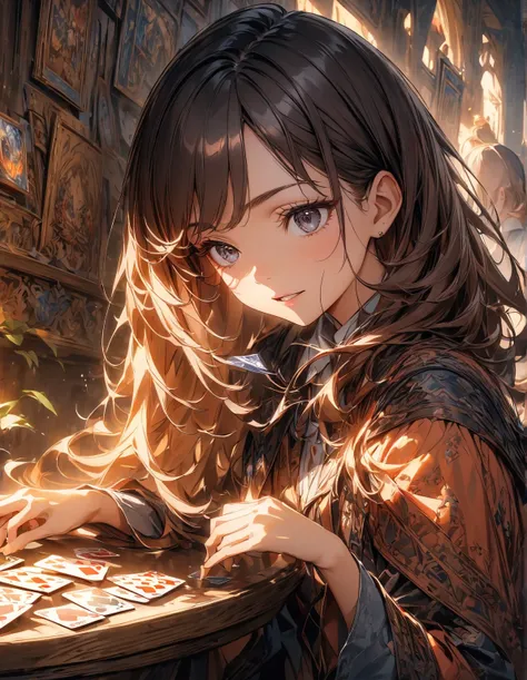  Women Holding Playing Cards、美しく  Detailsな目、美しく  Detailsな唇、非常に  Detailsな目と顔、 has long eyelashes、Intricate Card Game 、fantasy、  Digital Painting 、 cinematic lighting、Dramatic Shadows、 bright color、Warm tones、 High Quality 、8k、  Details