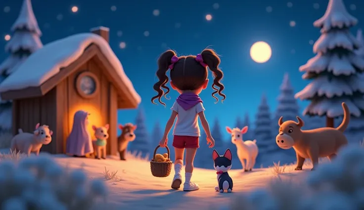 The scene is inspired by Disney Pixar movies, posters and 3D characters, in high quality and high resolution. A  girl, wearing a lilac scarf, a white t-shirt, very short red shorts, white socks and white sneakers, she has long curly hair tied in two ponyta...