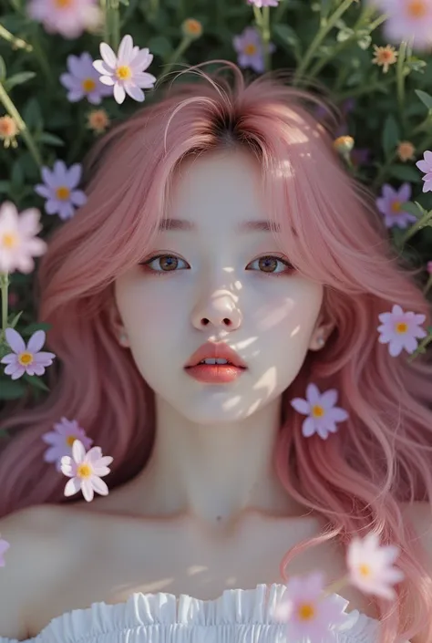 A cinematic portrait of Miyuki, a 20-year-old Japanese woman with long, tousled pink hair showing dark roots, lying serenely amidst a field of wildflowers. Her pale skin glows softly under the diffused sunlight, while petals of pastel pink and lavender res...