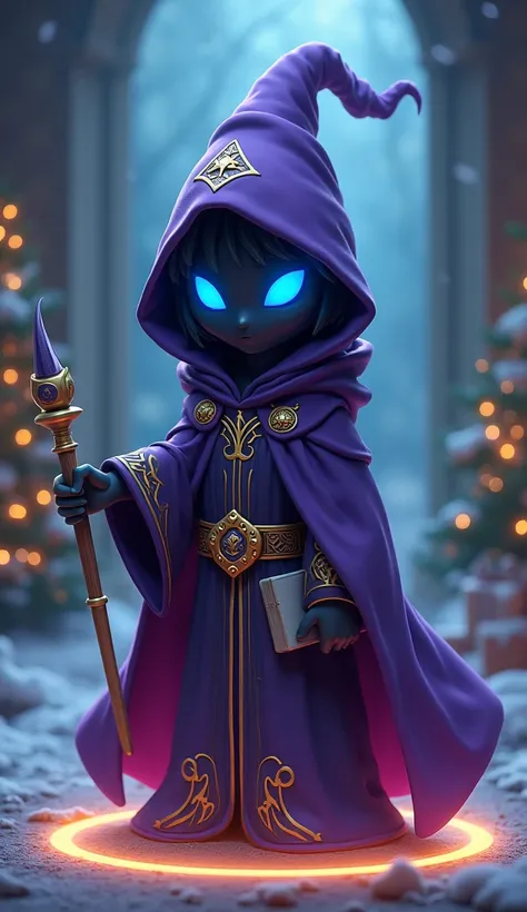 hood, solo, robe, copyright_name, magic, Dark face with only the eyes visible, holding, blue_eyes, wizard, With purple cape book, no_humans, magic_circle, looking_at_viewer, 1other, character_name, wand, standing, cloak, hat, staff, full_body, Christmas de...