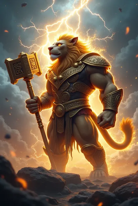 Thor as a majestic lion with a thunderous mane crackling with lightning, holding a hammer-like tail.