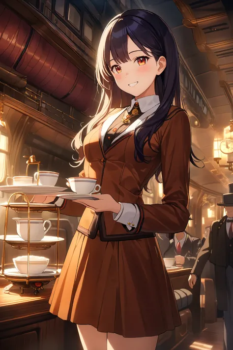 1 girl, (charming face), 22 years old, (smiling warmly), medium breasts, slim, (wearing elegant steampunk flight attendant uniform:1.4), knee length skirt, (brass accents), BREAK  
Inside a vintage airship, intricate machinery, (serving tea:1.2), (interact...