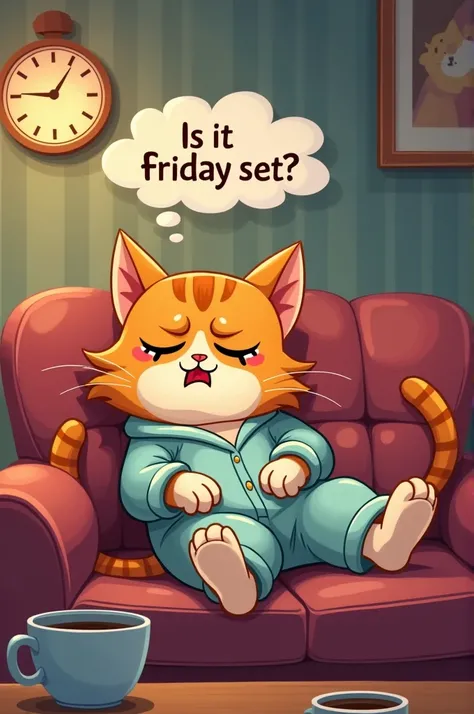 Create a funny cartoon image of a sleepy cat lounging on a couch, wearing pajamas and surrounded by empty coffee cups. The cat has a tired expression and a thought bubble that says, Is it Friday yet? The background should be cozy, with soft lighting and a ...