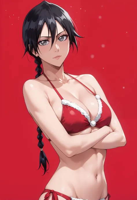 extremely detailed CG, high resolution, best quality, masterpiece, single woman, yadomaru lisa (bleach), gray eyes, (beautiful detailed eyes: 1.4), black hair, christmas bikini, natural pose, red background