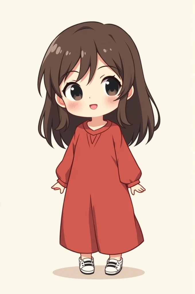 Chibi art, Girl,  Pretty , Standing Hand On both sides , Black eyes, Brown hair, Brown Eyebrows, Black eyes, Hair Long hair, White shoes with black streaks, "Wearing a LONG PANTS ROMPER RED", Smiling, Cute, Beautiful