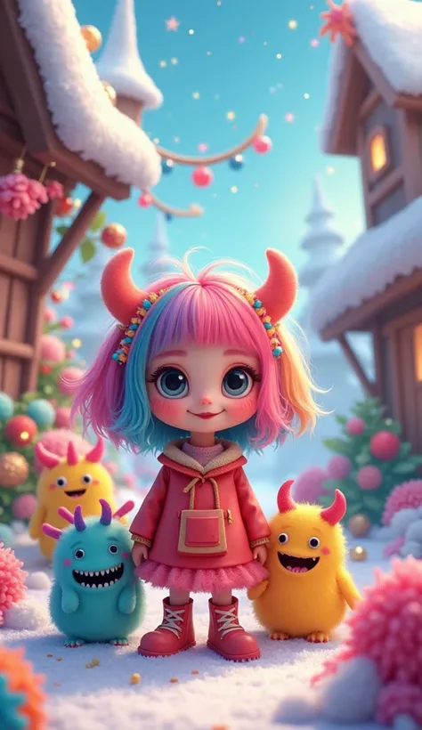  Christmas,  colorful ,  vibrant colors, fantasy,   Digital Painting ,  concept art,  high definition, 8k,  Photorealistic, masterpiece,  Award-winning  , cute smiling monster bgirl ,  cute monster girl  ハロウィン monster,  Cute Monster Characters , cute smili...