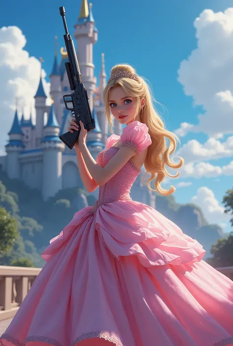 An image of a beautiful blonde Cinderella wearing a pink dress and shooting a submachine gun in front of Cinderellas castle、High quality anime style 