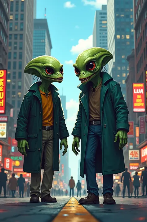 Terrifying aliens talking on the phone in human clothes walking around the city, animated characters