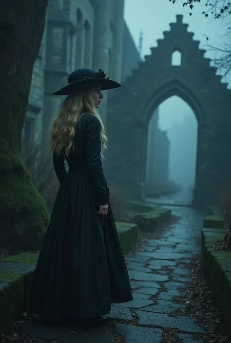 １０Woman in her 20s,  (Blonde,  blue eyes), thin,  cute face,  walk at night at Canterbury Castle (novel「 The Ghost of the Canterville Family 」Inspired by ). 1887, Dark Victorian fantasy,  clevis on a stone 　Crouch down and look up at the sky 

