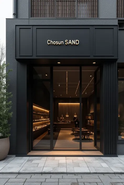 Exterior design for the sandwich brand Chosun Sands pop-up store, The main color is black ,  is modern while incorporating Korean elements such as tiles and window hoji