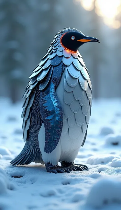 "This image depicts a unique hybrid animal, blending the sleek form of a penguin with the metallic structure of a flash drive. The penguins body is constructed entirely from shiny, polished flash drives, arranged in intricate layers that resemble feathers,...