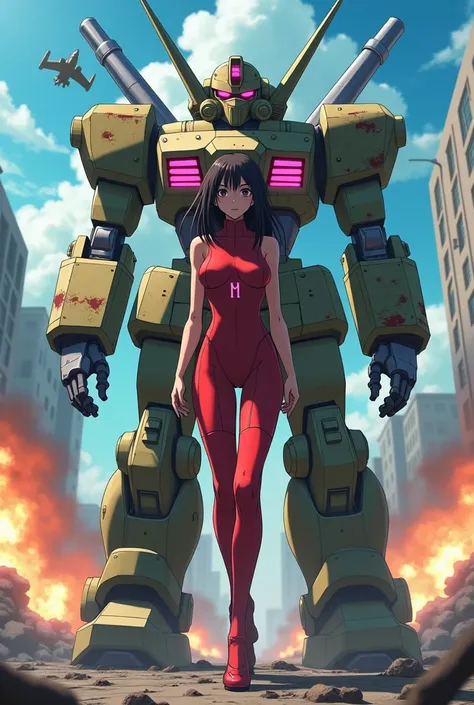 4K, japanese animation art. Set against the backdrop of a war-torn city, the scene exudes the intensity of a post-battle atmosphere. At the center of the image stands a colossal robot, its overwhelming presence dominating the composition. The robot feature...