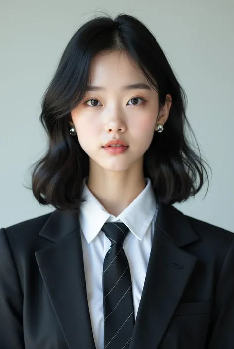 Headshot of a Korean female JK model in uniform standing facing the front