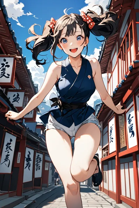   Masterpiece ,  great quality,  top quality,  high definition , 4K, 8k, 超 high definition , 
 Ukiyo-e painting style ,Navy blue world ,
1girl, hot pants,  perfect eye details , Tourist city ,whole body,Jump up,Mischievous expression、twintails
