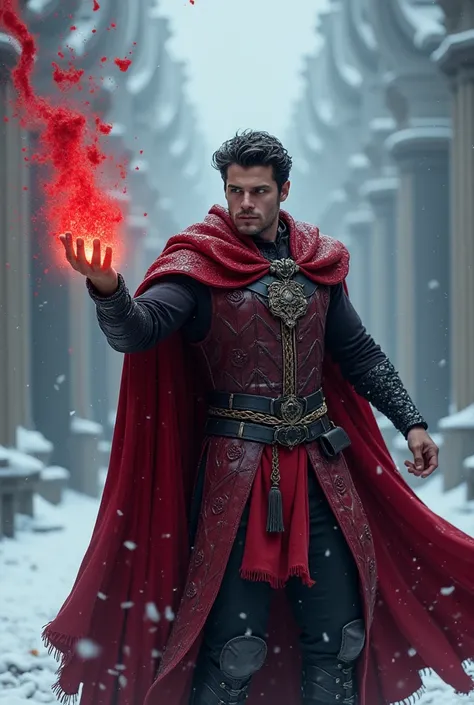 Handsome king, 19, mid winter, powerful, blood magic, wears crimson red colors, medieval, Henry cavill looking, muscular, dark hair, mysterious, tall, courageous, big muscular arms, white, blue eyes, fall kingdom, 