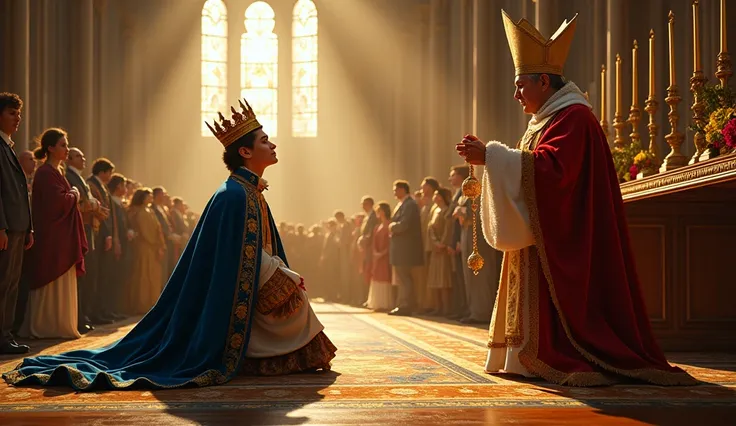 A majestic scene depicting 19-year-old Louis-Auguste being crowned as King Louis XVI in the grand cathedral of Reims. The young king, dressed in elaborate royal robes of blue, gold, and velvet, kneels before the Archbishop of Reims as the coronation ceremo...