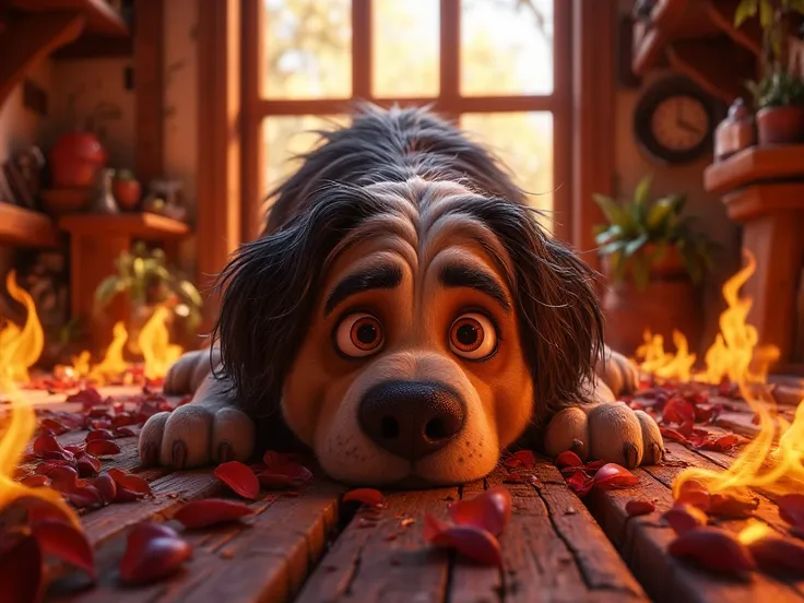 a sad dog surounded by fire lying sadly on the wooden floor in the house bright background.hyper realistic 3D HDR