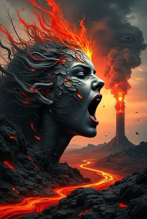 ((Masterpiece)), ((ultra-detailed, 8k quality)), ((photo-realistic surreal collage)), a dramatic and emotional artwork featuring a woman yelling in anger, her expression fierce and intense, as a major volcanic eruption explodes behind her. The scene is dom...