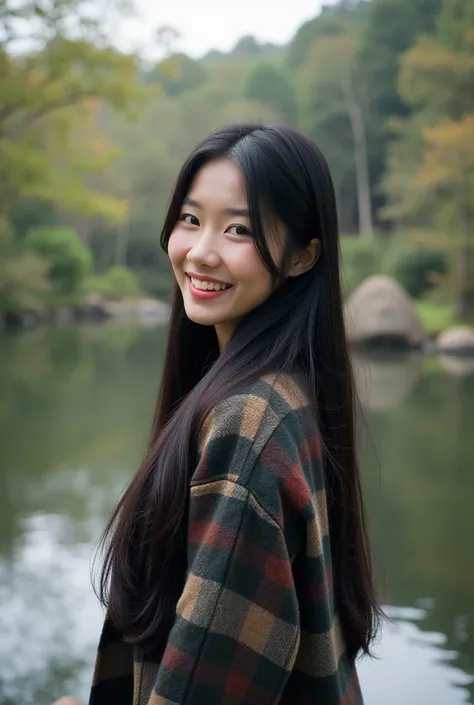  a beautiful Korean woman s with long black hair wearing a flannel jaket with a friendly smile and a text name"azx"In her teng there are beautiful ponds and waterfalls and trees like the shape of an island 