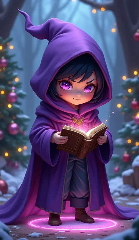 hood, solo, robe, copyright_name, magic, Dark face with only the eyes visible, holding, purple_eyes, wizard, With purple cape book, no_humans, magic_circle, looking_at_viewer, 1other, character_name, wand, standing, cloak, hat, staff, full_body, Christmas ...