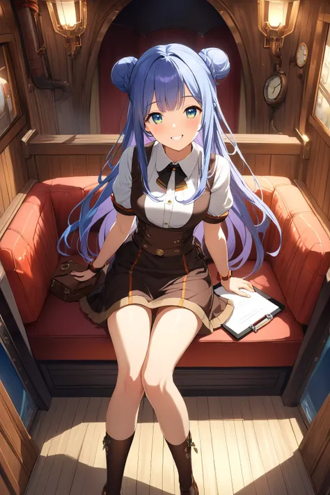 1 girl, (adorable face), 19 years old, (long hair in a bun:1.2), (cheerful expression), small breasts, slim, (wearing stylish steampunk cabin crew outfit:1.4), above knee length, (holding a clipboard), BREAK  
Airship lounge, plush seating, (welcoming pass...