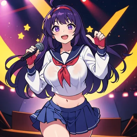 1girl, microphone, gloves, skirt, fingerless_gloves, long_hair, hairband, school_uniform, smile, serafuku, star_(symbol), holding, holding_microphone, open_mouth, looking_at_viewer, pleated_skirt, long_sleeves, v, purple_hair, solo_focus, breasts, shirt, h...