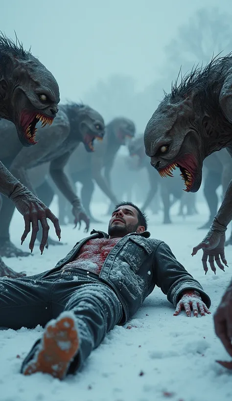 A highly realistic image of a group of ferocious-looking zombie-like creatures surrounding and attacking a bloodied, injured man laying helpless on ground through a snowy landscape 