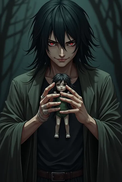 anime,  a fair-skinned man , several long, loose-fitting clothes , Dark hair, holding a voodoo doll ,  his fingers covered with band-aids and bandages ,  his face showing a slightly wicked smile
