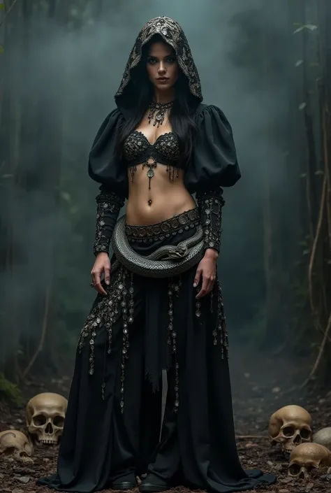  A DARK Women wearing puff Long Sleeve Belly Dance Sequin Coin Embellished with low hip harem pants for a picture,, GOTHIC, EVIL WITH A SNAKE AROUND HER BODY, SKULLS AROUND A BLACK FOG, BELLY DANCING, DARK WORLD