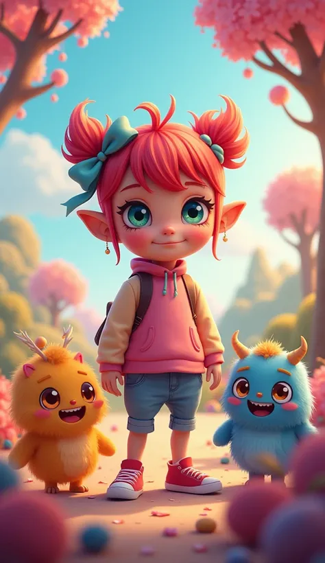  x} Monster Girl with Monster Friends ,  monster girl with colorful hair ,  Cute and Spooky Monster ,  cute monster girl ,  playful monster ,  Cute and Exciting Monster Girl ,  bright color,  pastel colors,  soft lighting ,  fantasy art ,   Digital Paintin...