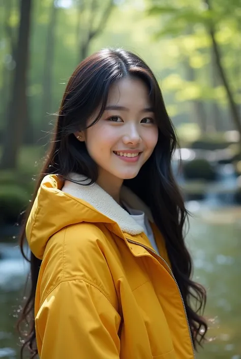  a beautiful Korean woman s with long black hair wearing a yellow jaket with a friendly smile and a text name"azx"In her teng there are beautiful ponds and waterfalls and trees like the shape of an island 