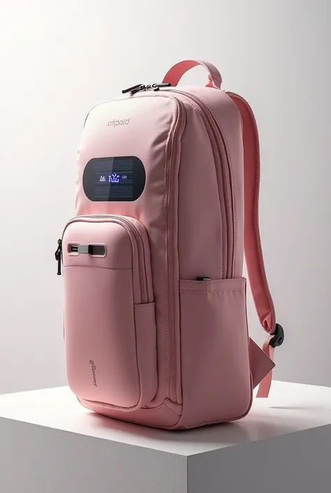 Generate an image of a bagpack with a solar panel, build in USB port charger,build in gps tracker, a LED screen that display the temperature of a water bottle and make it soft pink