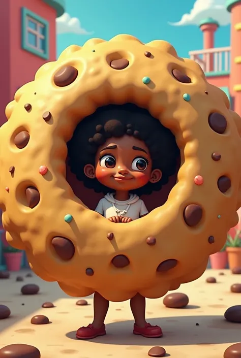 Black person in cookie costume and having their head poke out of a hole in the middle of the cookie