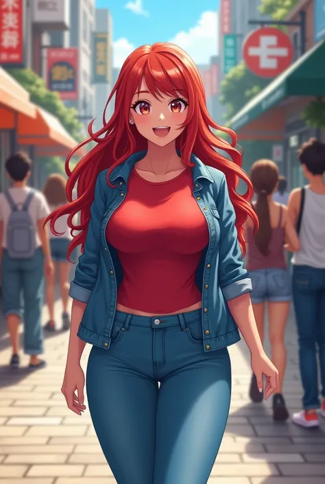 Anime girl, smiling, long hair, red hair, following red, big breasts, wearing a red short-sleeved T-shirt, wearing a blue denim jacket, wearing blue long jeans, walking on the sidewalk with a lot of people in the afternoon.