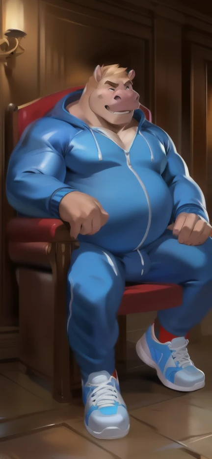 Solo, male Tall​ ,huge​ body​,​ Chair Ride ,den,big hippo ,blue Tracksuit soldier , Wear combat shoes, overweight, muscular, Sexual​ Emotions​ , by chunie