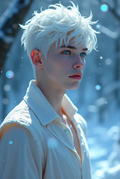 (Jack Frost: 1.6), young man, 18 years old, milk white skin, blue eyes, white hair, shirtless, 6-pax abs, (full body shot), young boy, 18 years old, beutiful, perfect, milk white skin, slim body, very detailed blue eyes, very pale skin, barefoot in a snow ...