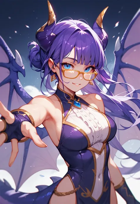 A 30-year-old girl with long purple hair reaching her waist, no expression on her face and cold blue eyes. Half black and purple dragon, big tits. With golden glasses, wings and black and purple dragon horns.