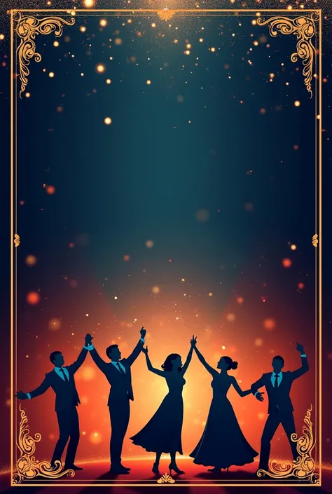 Invitation Card Design, Title is Golden Moment, including text is Staff Party, Annual Dinner, Color theme is Dark Blue and Red Brown, Top of the design adding golden sparkles, Winter Mood adding, Bottom of the design is Dancing people with formal dress and...