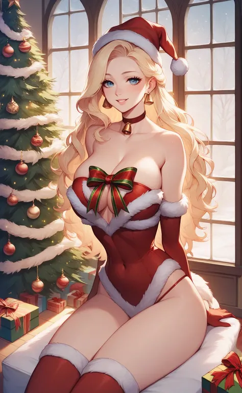 An elegant and cheerful young woman dressed as a festive Santa helper, wearing a red and white Christmas outfit with fur trim, complete with a Santa hat and holiday-themed earrings. She has long, flowing blonde hair and a warm smile, sitting in a cozy Chri...