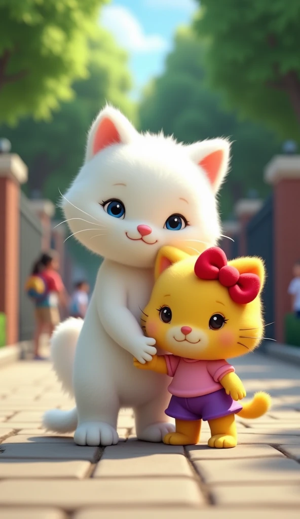 "Kitty’s mom, the white fluffy Pixar-style kitty in a simple dress, gently helps Kitty stand up. Kitty, the golden fluffy kitty with her red bow, pink shirt, and purple skirt shorts, leans against her mom. The background clearly shows the school gate, a tr...