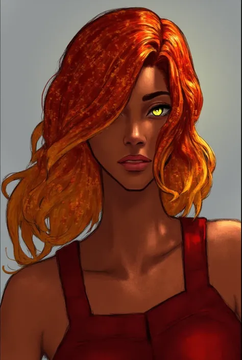 Fast is an imposing and enigmatic figure, with the presence of ,  that mixes charm and danger.  Her hair is a mix of red and orange ,  markings like dancing flames ,  and falls in erratic waves up to her shoulders .  His eyes are deep yellow ,  is almost g...